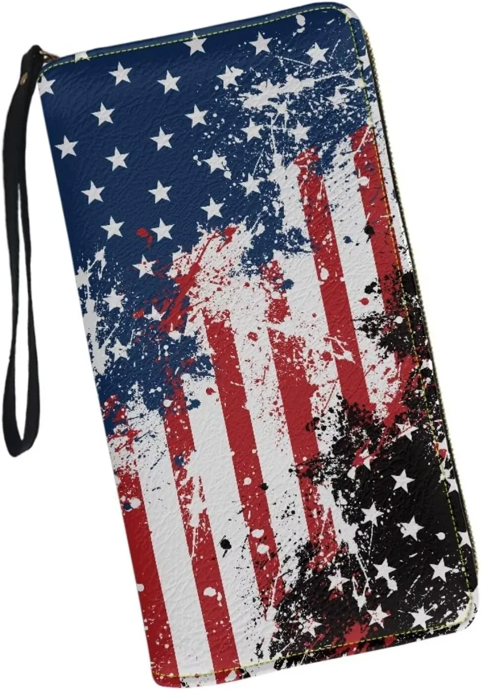 Leather Wallets with Strap White Print Purse for Men American Flag Novelty Shopping Business Travel Money Clips Long Style for Men
