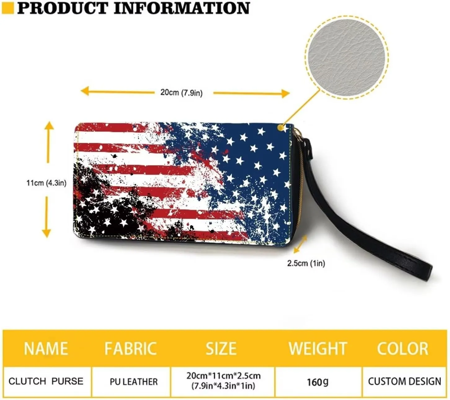 Leather Wallets with Strap White Print Purse for Men American Flag Novelty Shopping Business Travel Money Clips Long Style for Men