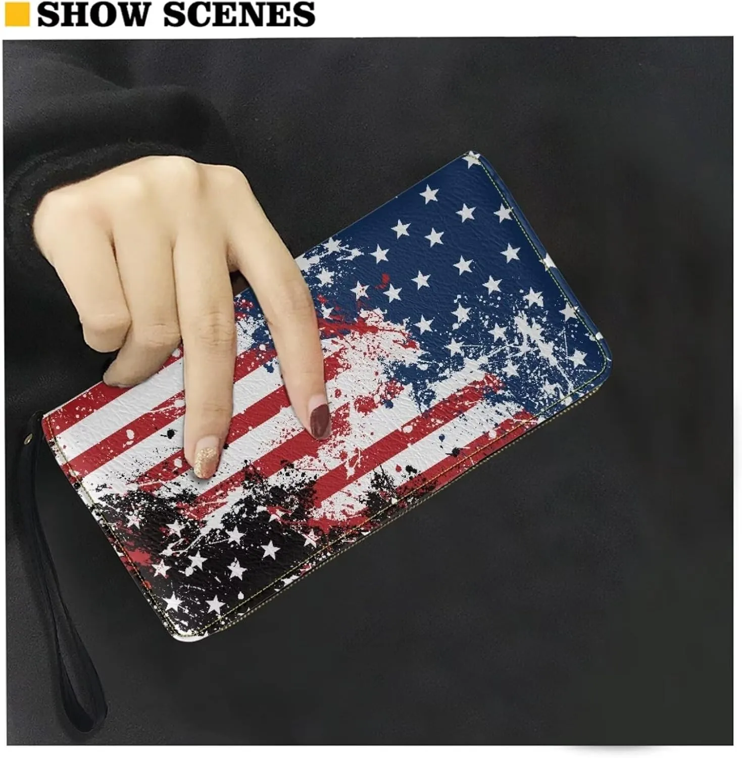 Leather Wallets with Strap White Print Purse for Men American Flag Novelty Shopping Business Travel Money Clips Long Style for Men