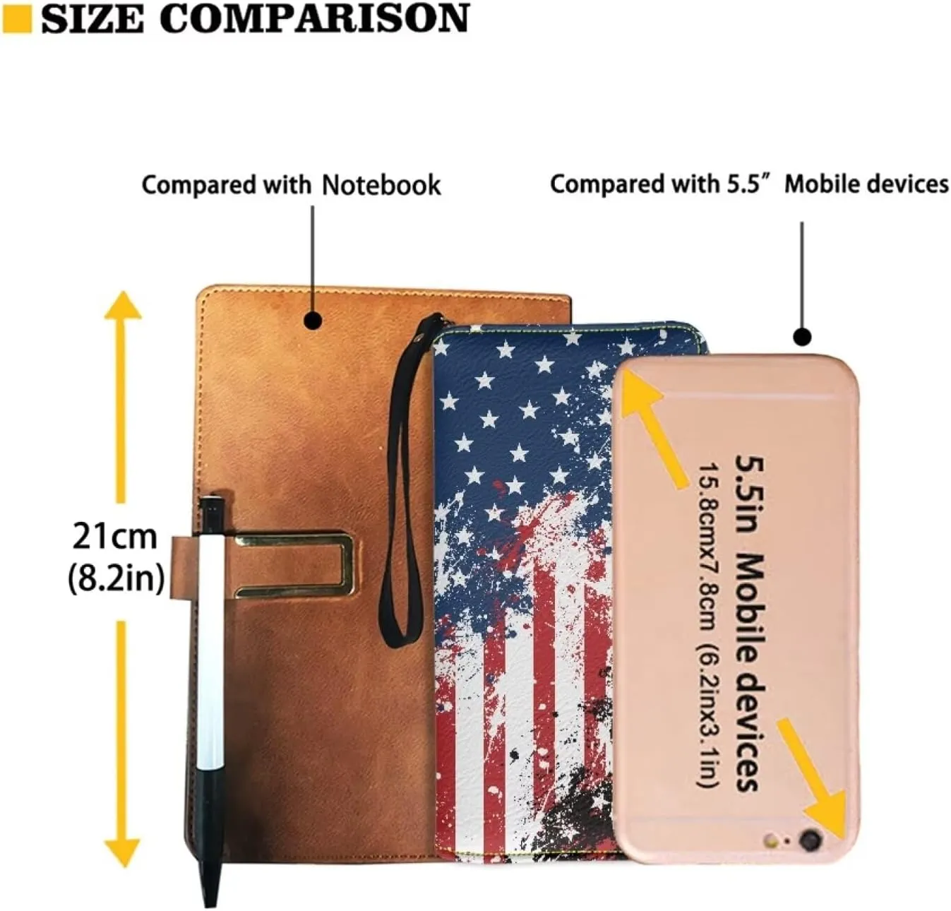 Leather Wallets with Strap White Print Purse for Men American Flag Novelty Shopping Business Travel Money Clips Long Style for Men