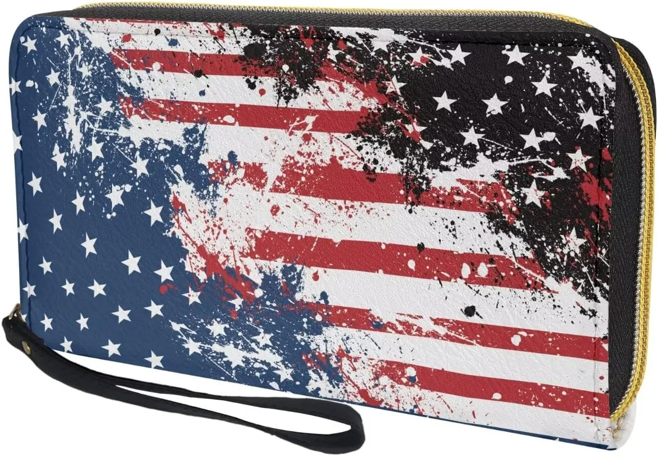 Leather Wallets with Strap White Print Purse for Men American Flag Novelty Shopping Business Travel Money Clips Long Style for Men
