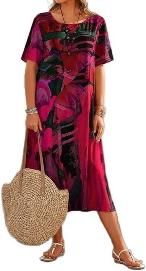 LOAIHA Women's Boho Floral Loose Midi Tshirt Dress Casual Baggy Summer Short Sleeve Beach Vacation Dresses Plus Size