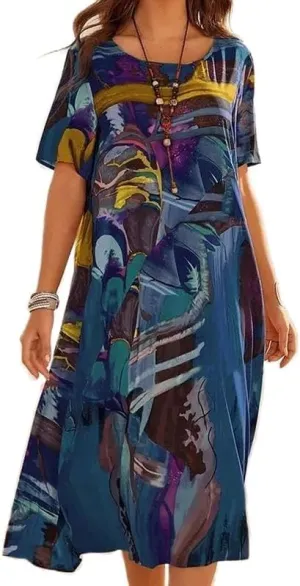 LOAIHA Women's Boho Floral Loose Midi Tshirt Dress Casual Baggy Summer Short Sleeve Beach Vacation Dresses Plus Size