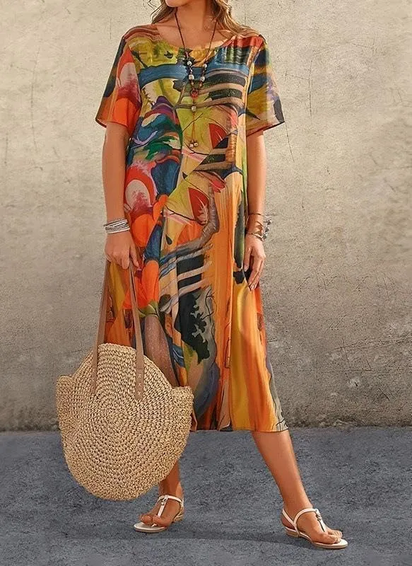LOAIHA Women's Boho Floral Loose Midi Tshirt Dress Casual Baggy Summer Short Sleeve Beach Vacation Dresses Plus Size
