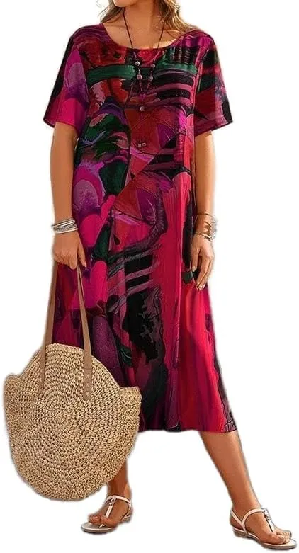 LOAIHA Women's Boho Floral Loose Midi Tshirt Dress Casual Baggy Summer Short Sleeve Beach Vacation Dresses Plus Size