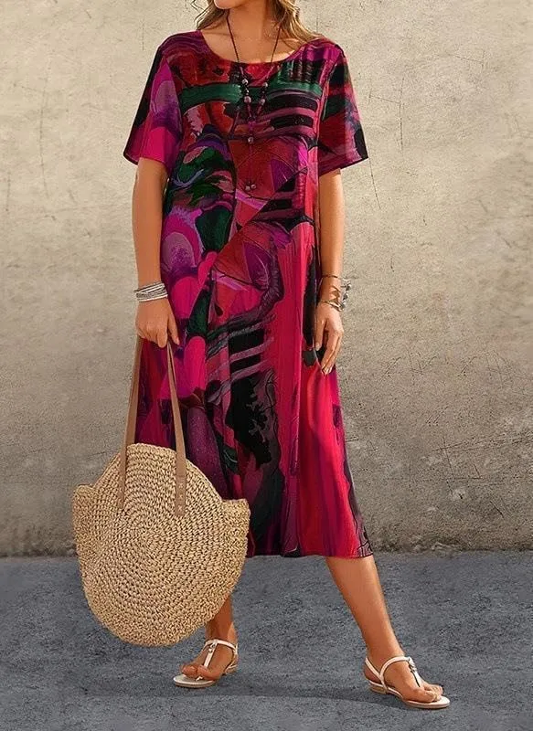 LOAIHA Women's Boho Floral Loose Midi Tshirt Dress Casual Baggy Summer Short Sleeve Beach Vacation Dresses Plus Size