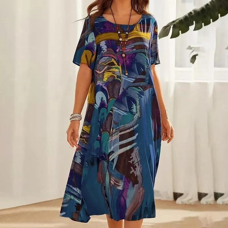 LOAIHA Women's Boho Floral Loose Midi Tshirt Dress Casual Baggy Summer Short Sleeve Beach Vacation Dresses Plus Size