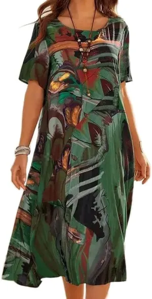 LOAIHA Women's Boho Floral Loose Midi Tshirt Dress Casual Baggy Summer Short Sleeve Beach Vacation Dresses Plus Size