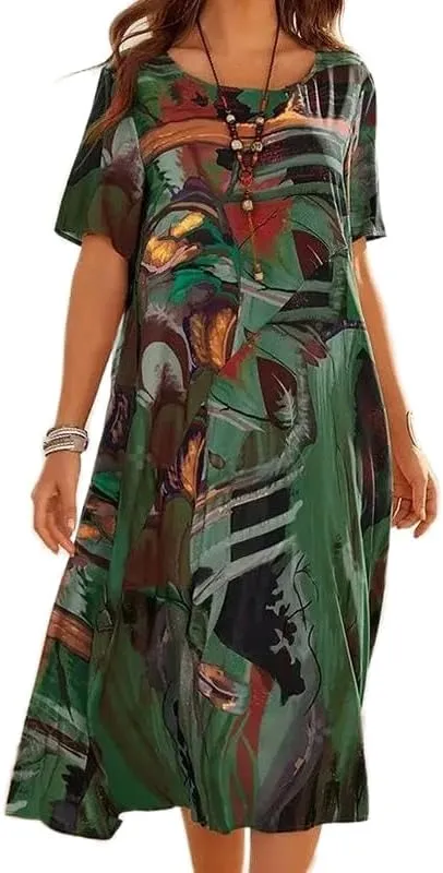 LOAIHA Women's Boho Floral Loose Midi Tshirt Dress Casual Baggy Summer Short Sleeve Beach Vacation Dresses Plus Size