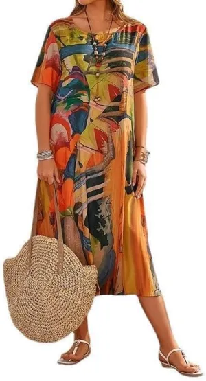LOAIHA Women's Boho Floral Loose Midi Tshirt Dress Casual Baggy Summer Short Sleeve Beach Vacation Dresses Plus Size