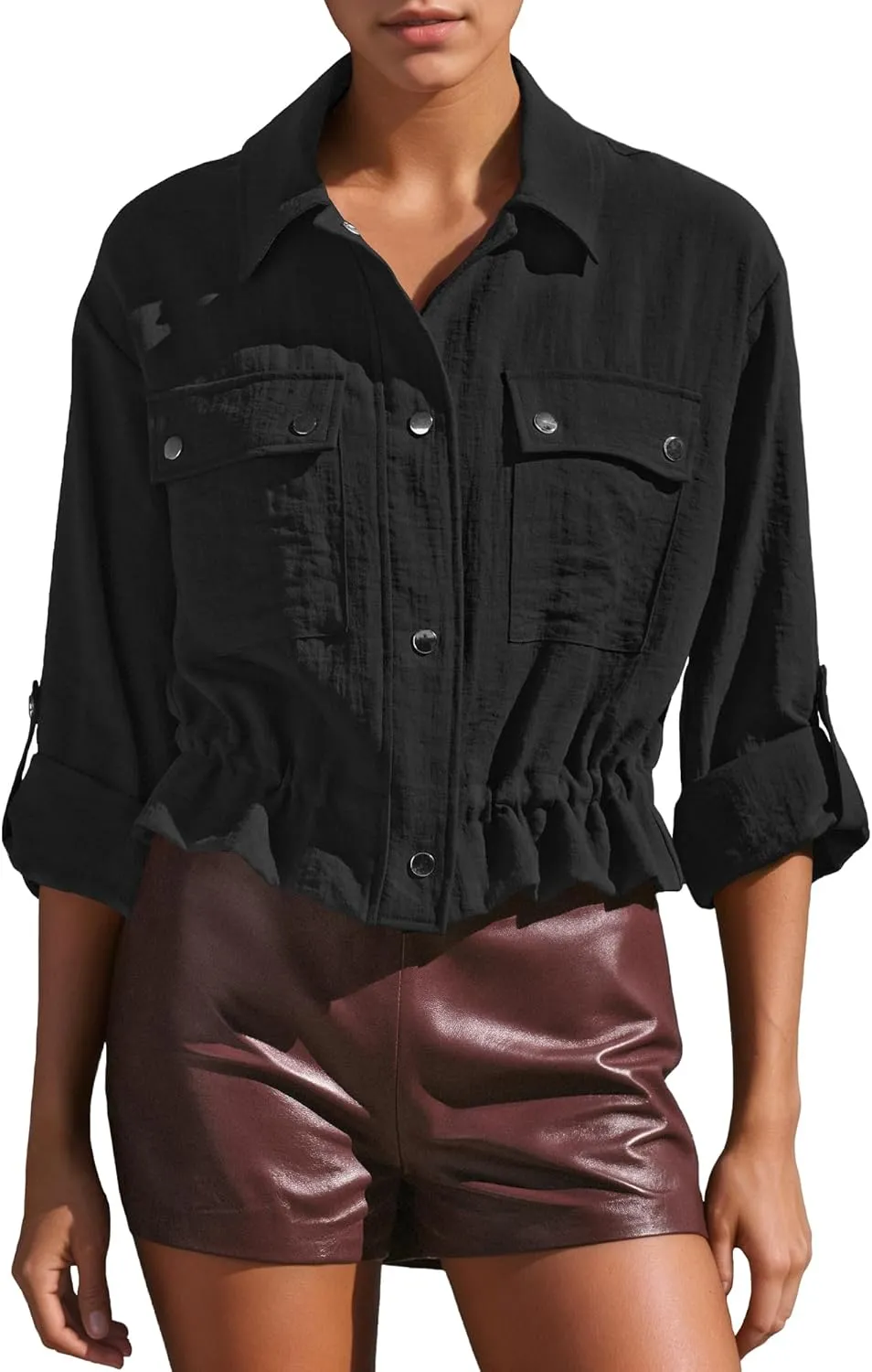 Locachy Women's Casual Lapel Cropped Jacket Lightweight Button Down Short Shirts Blouses Tops with Pockets