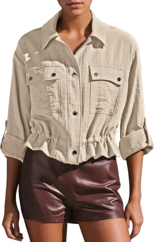Locachy Women's Casual Lapel Cropped Jacket Lightweight Button Down Short Shirts Blouses Tops with Pockets