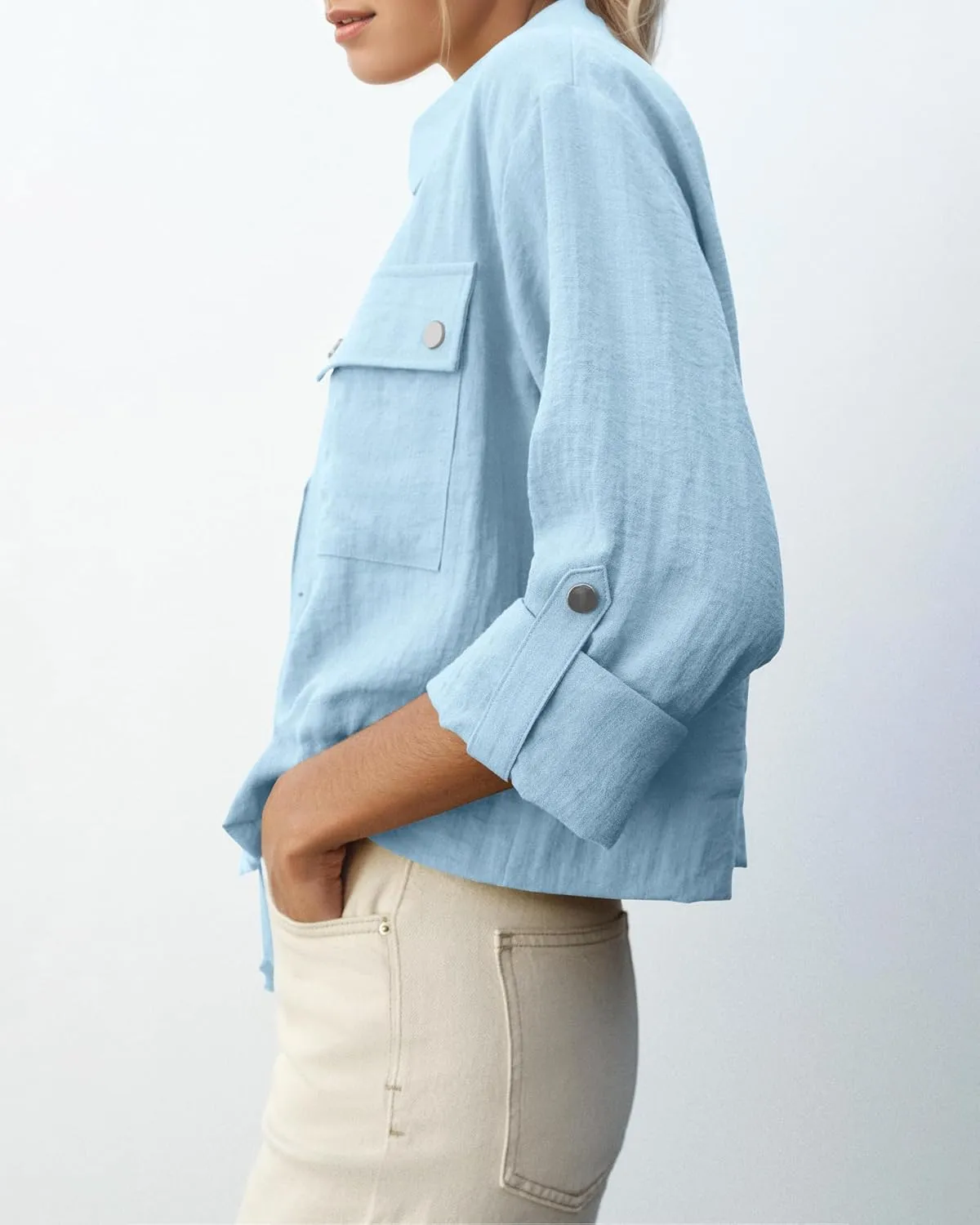 Locachy Women's Casual Lapel Cropped Jacket Lightweight Button Down Short Shirts Blouses Tops with Pockets
