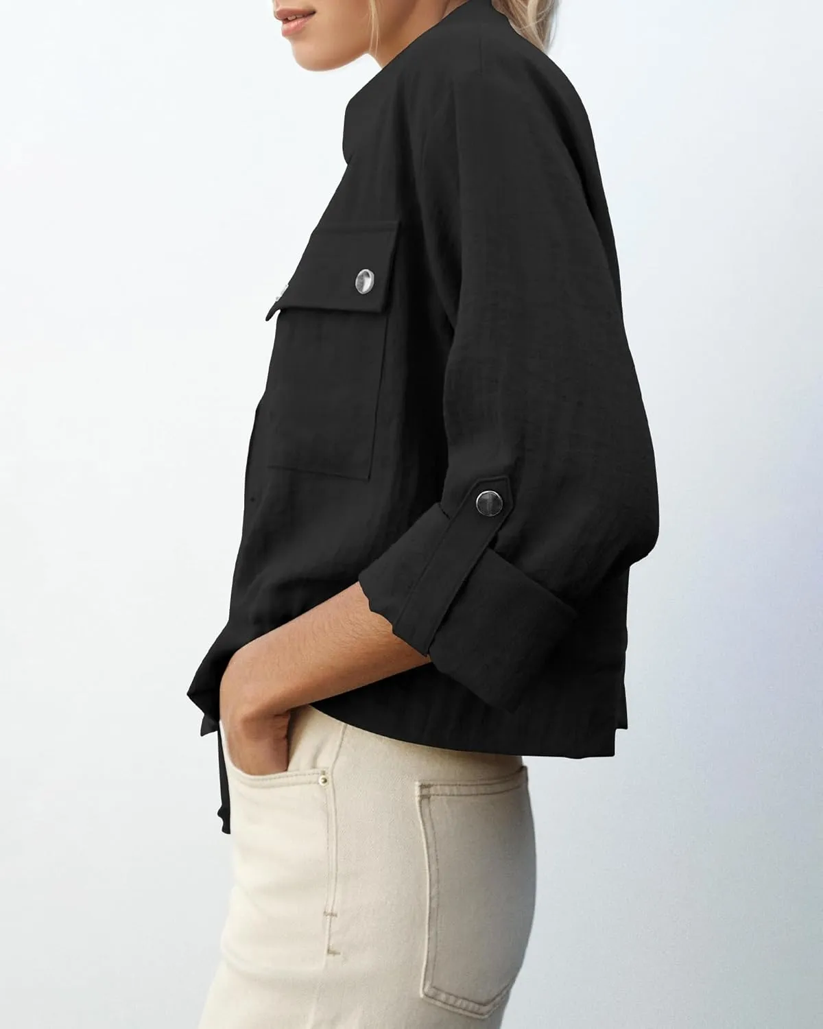 Locachy Women's Casual Lapel Cropped Jacket Lightweight Button Down Short Shirts Blouses Tops with Pockets