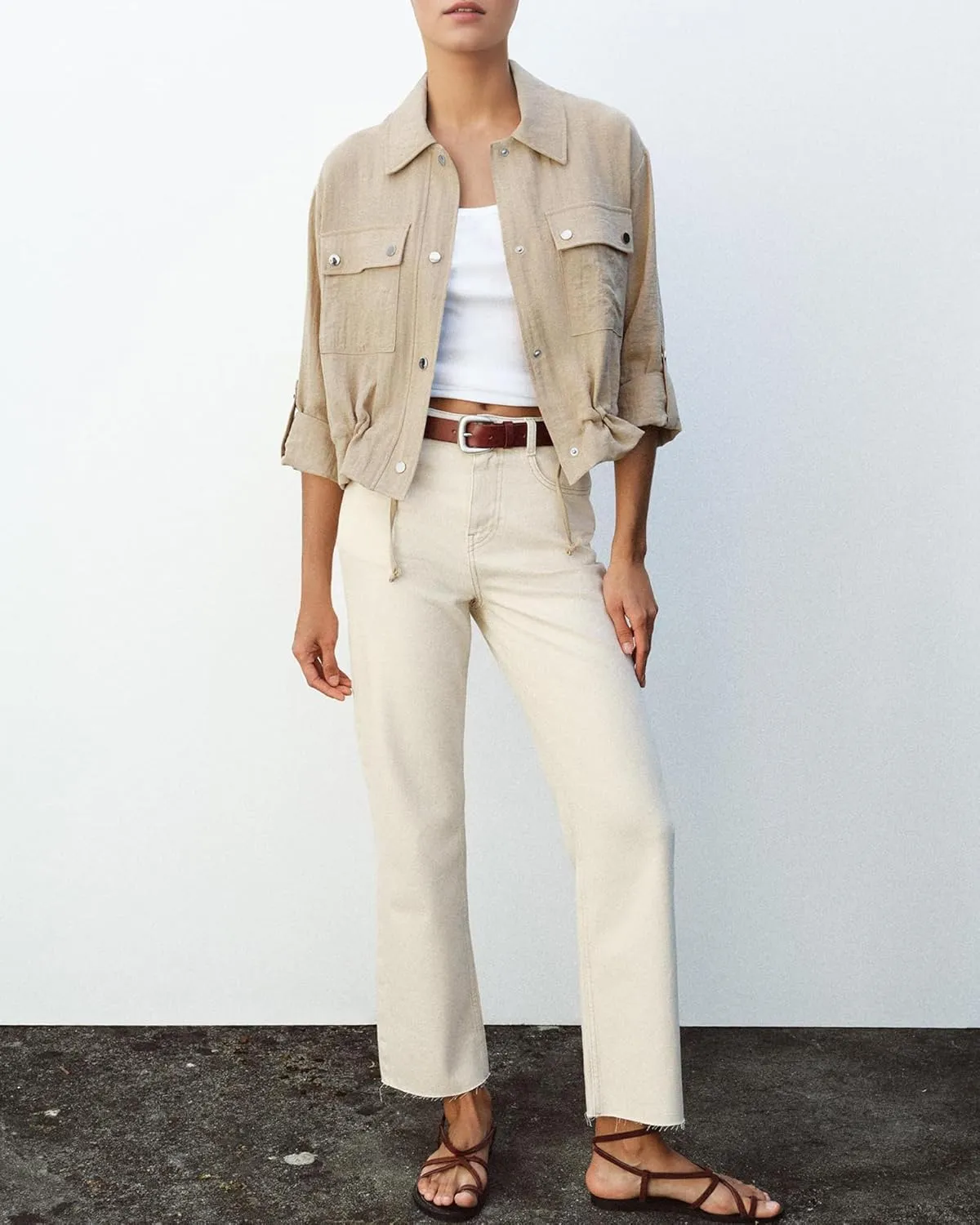 Locachy Women's Casual Lapel Cropped Jacket Lightweight Button Down Short Shirts Blouses Tops with Pockets