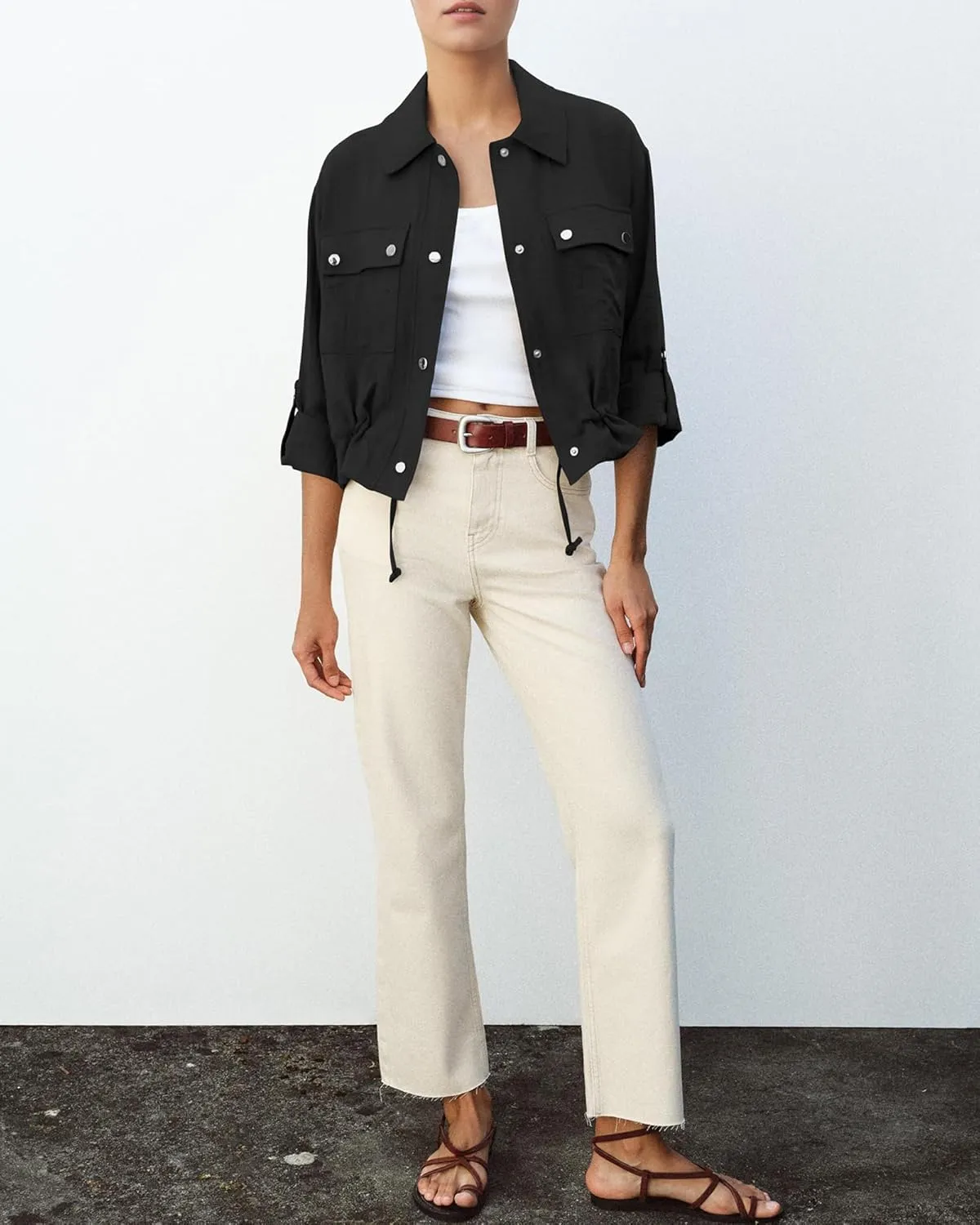 Locachy Women's Casual Lapel Cropped Jacket Lightweight Button Down Short Shirts Blouses Tops with Pockets