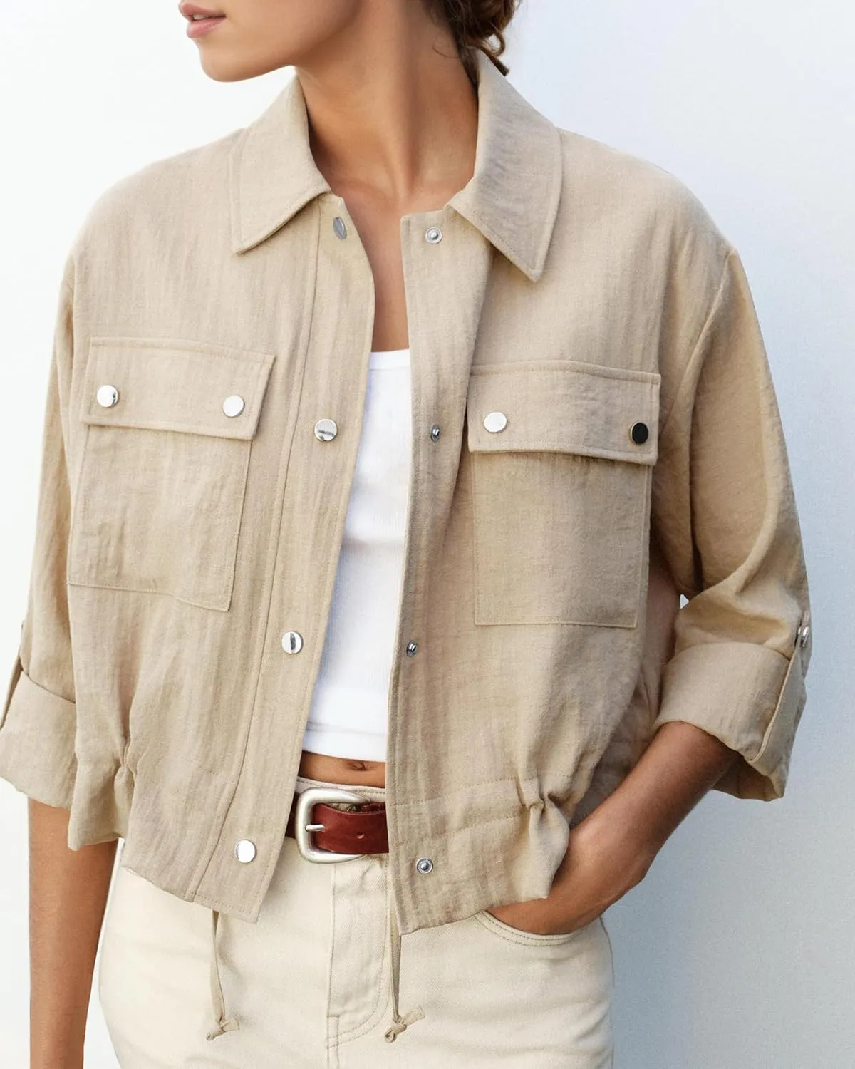 Locachy Women's Casual Lapel Cropped Jacket Lightweight Button Down Short Shirts Blouses Tops with Pockets