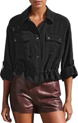 Locachy Women's Casual Lapel Cropped Jacket Lightweight Button Down Short Shirts Blouses Tops with Pockets
