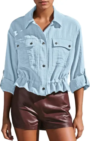 Locachy Women's Casual Lapel Cropped Jacket Lightweight Button Down Short Shirts Blouses Tops with Pockets