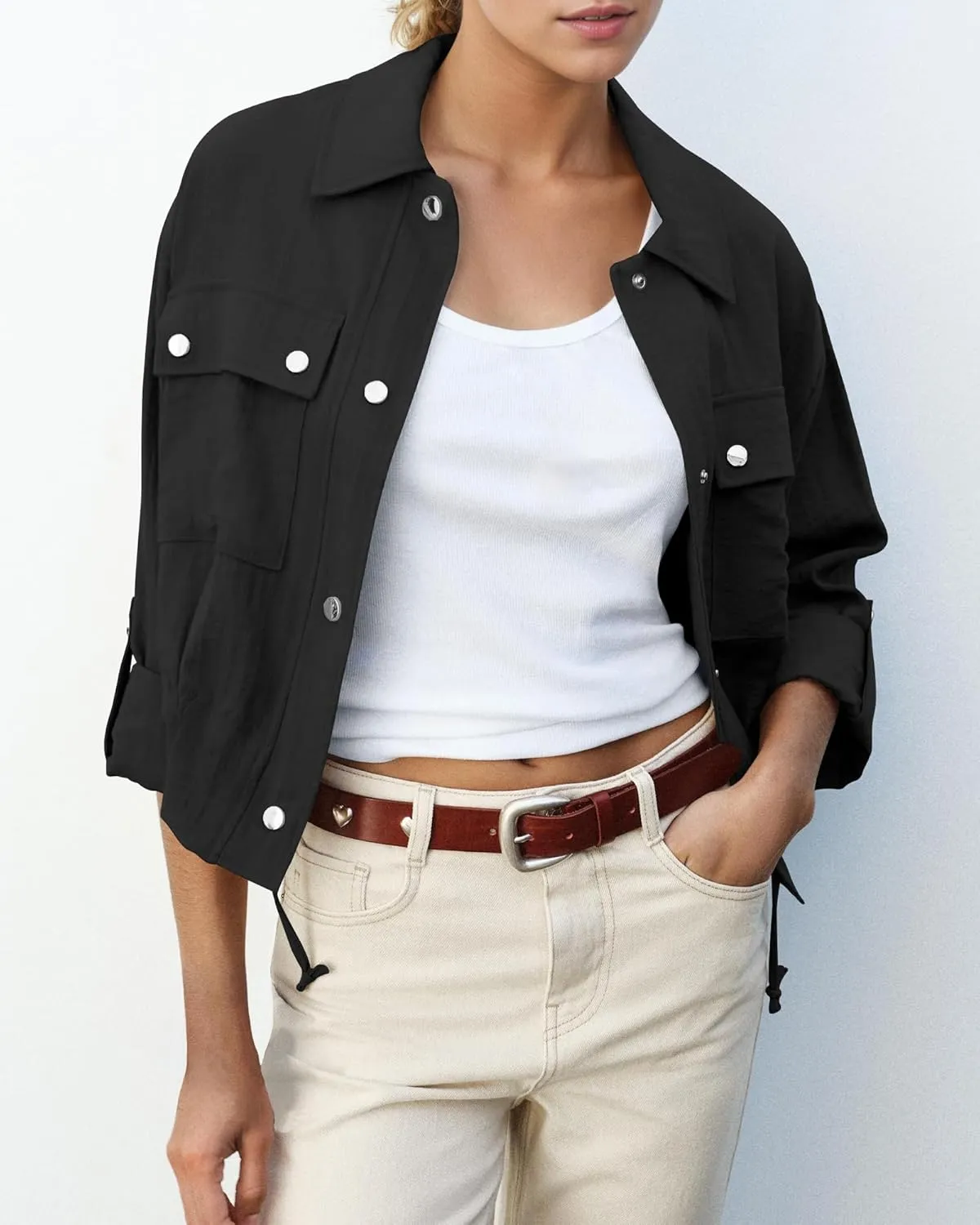 Locachy Women's Casual Lapel Cropped Jacket Lightweight Button Down Short Shirts Blouses Tops with Pockets