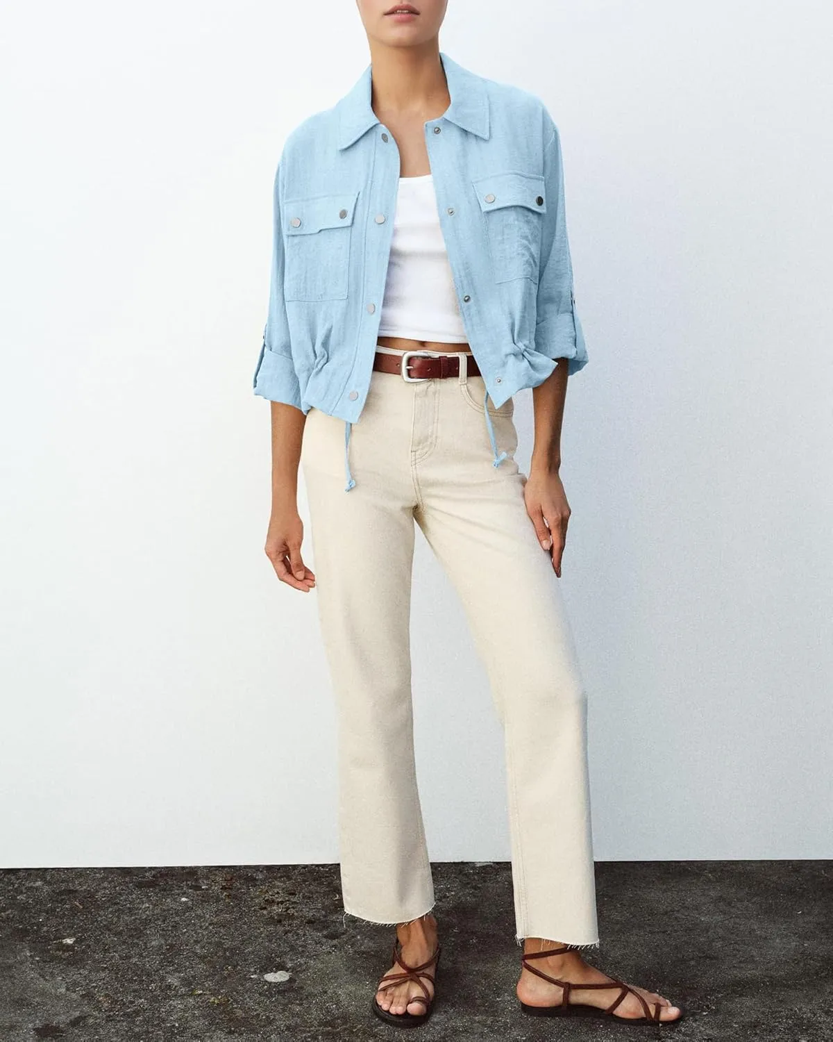 Locachy Women's Casual Lapel Cropped Jacket Lightweight Button Down Short Shirts Blouses Tops with Pockets