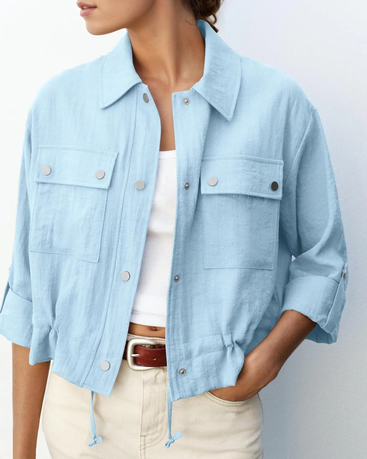 Locachy Women's Casual Lapel Cropped Jacket Lightweight Button Down Short Shirts Blouses Tops with Pockets