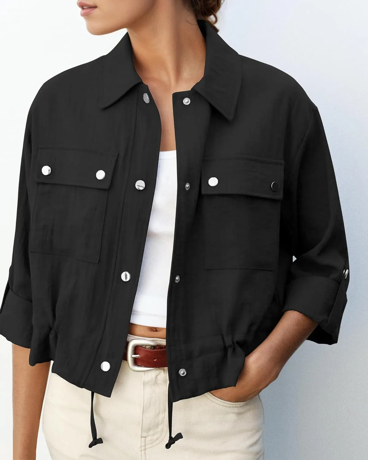 Locachy Women's Casual Lapel Cropped Jacket Lightweight Button Down Short Shirts Blouses Tops with Pockets