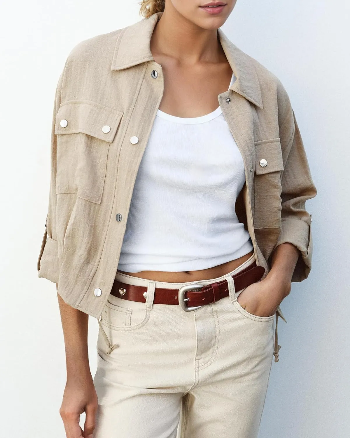 Locachy Women's Casual Lapel Cropped Jacket Lightweight Button Down Short Shirts Blouses Tops with Pockets