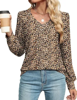 LOMON Womens Long Sleeve Tops Fall V-Neck Blouses Dressy Casual Puff Sleeve Textured T-Shirts Eyelet Tunic