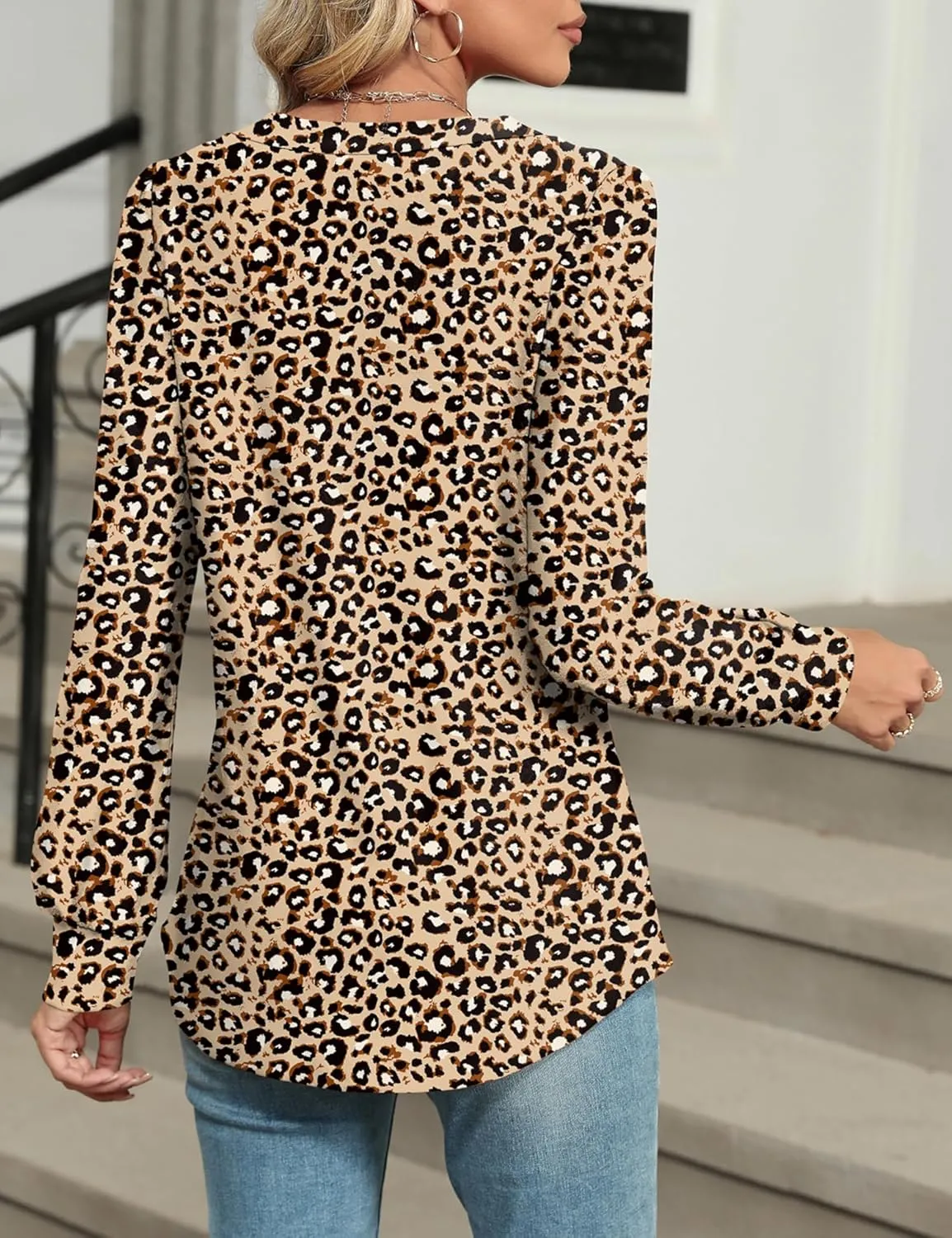 LOMON Womens Long Sleeve Tops Fall V-Neck Blouses Dressy Casual Puff Sleeve Textured T-Shirts Eyelet Tunic