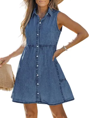 LookbookStore Denim Dress for Women Sleeveless Babydoll Button Down Short Jean Dresses Cute Summer