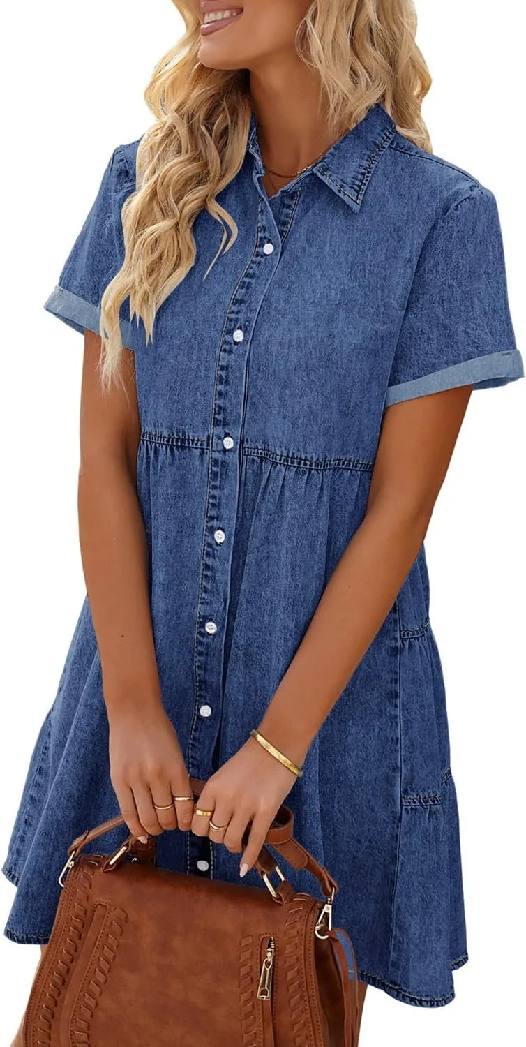 LookbookStore Women's Short Sleeve Button Down Flowy Tiered Babydoll Denim Dress