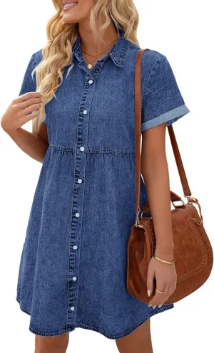 LookbookStore Women's Short Sleeve Button Down Flowy Tiered Babydoll Denim Dress