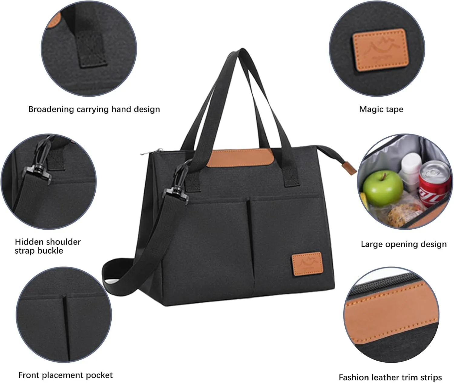 Lunch Bag Women Insulated Lunch Box Reusable Leakproof Large Spacious Cooler Tote for Women Men Adult with Removable Adhesive Decoration for Work Office Travel Picnic(Black)