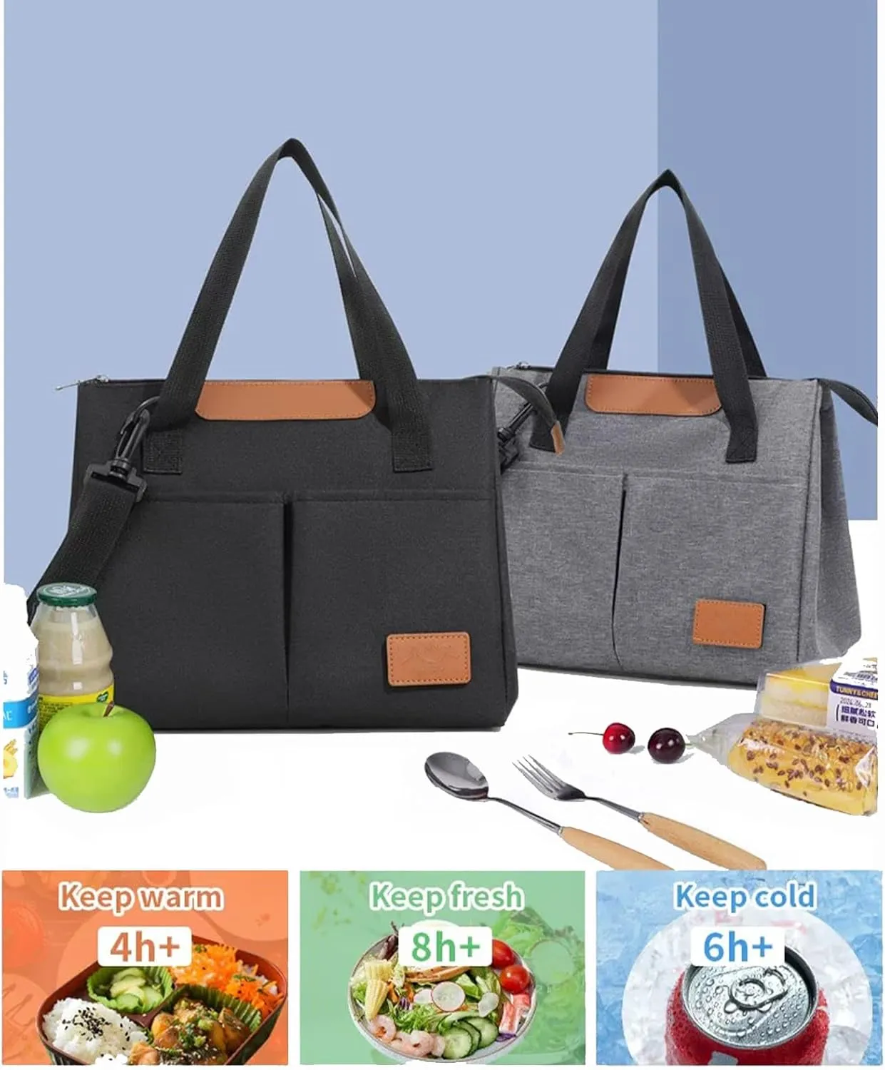 Lunch Bag Women Insulated Lunch Box Reusable Leakproof Large Spacious Cooler Tote for Women Men Adult with Removable Adhesive Decoration for Work Office Travel Picnic(Black)
