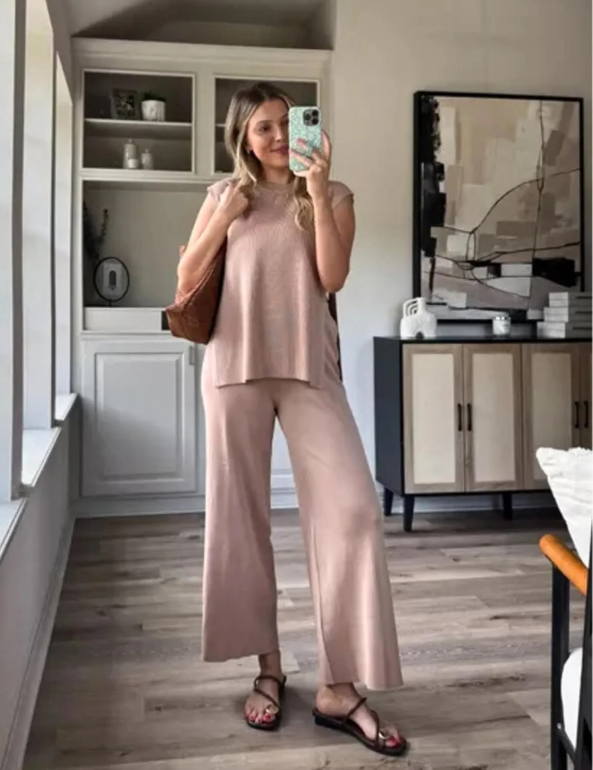 Lviefent Womens 2 Piece Outfits Sweater Set Sleeveless Side Slit Pullover Top Knit Wide Leg Pants Lounge Matching Sets