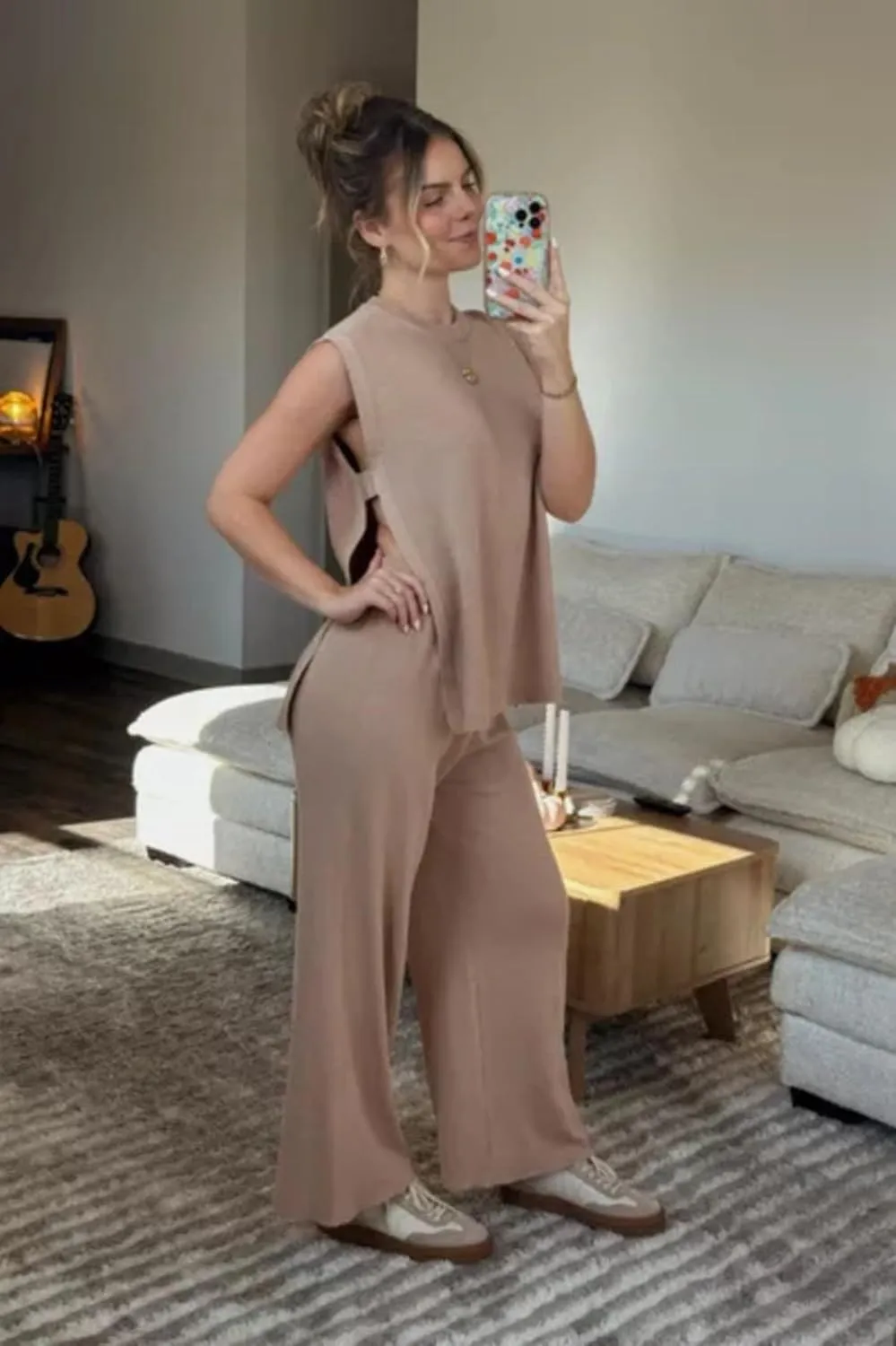 Lviefent Womens 2 Piece Outfits Sweater Set Sleeveless Side Slit Pullover Top Knit Wide Leg Pants Lounge Matching Sets