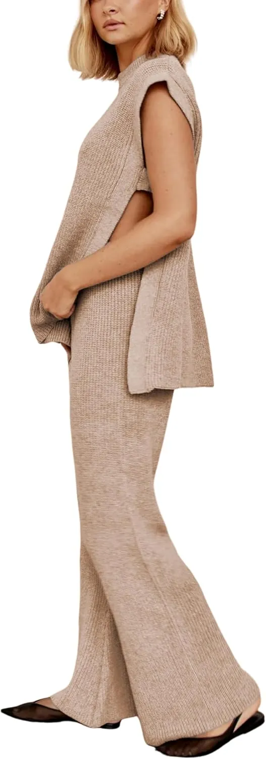 Lviefent Womens 2 Piece Outfits Sweater Set Sleeveless Side Slit Pullover Top Knit Wide Leg Pants Lounge Matching Sets