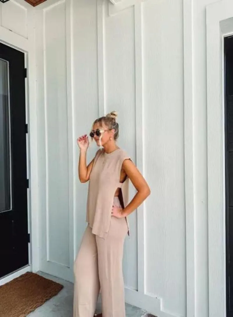 Lviefent Womens 2 Piece Outfits Sweater Set Sleeveless Side Slit Pullover Top Knit Wide Leg Pants Lounge Matching Sets