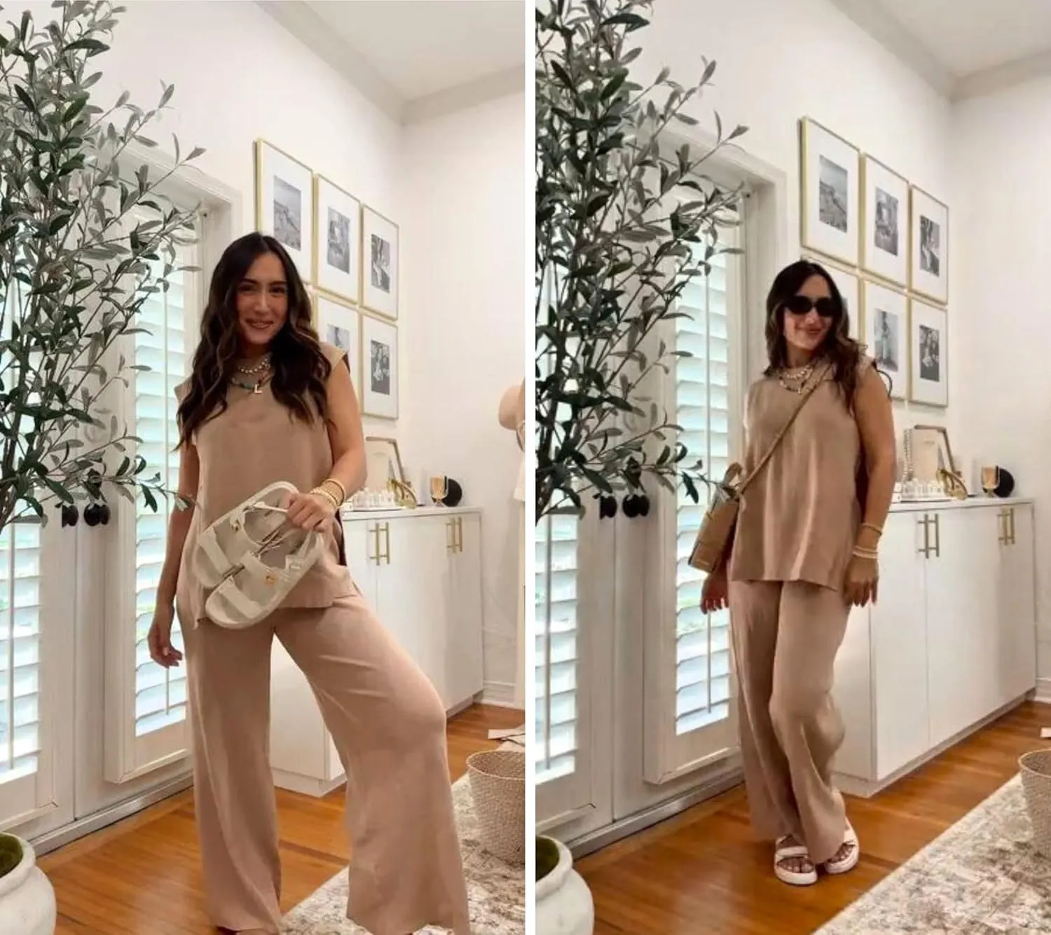 Lviefent Womens 2 Piece Outfits Sweater Set Sleeveless Side Slit Pullover Top Knit Wide Leg Pants Lounge Matching Sets