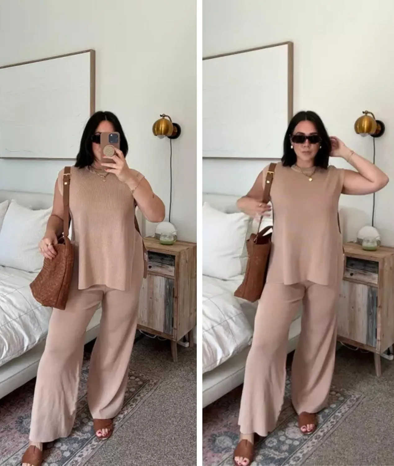 Lviefent Womens 2 Piece Outfits Sweater Set Sleeveless Side Slit Pullover Top Knit Wide Leg Pants Lounge Matching Sets