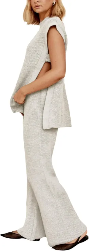Lviefent Womens 2 Piece Outfits Sweater Set Sleeveless Side Slit Pullover Top Knit Wide Leg Pants Lounge Matching Sets