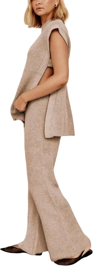 Lviefent Womens 2 Piece Outfits Sweater Set Sleeveless Side Slit Pullover Top Knit Wide Leg Pants Lounge Matching Sets