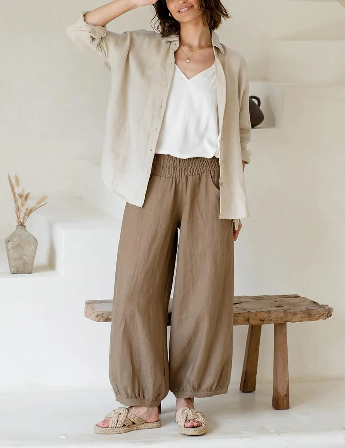 Lviefent Womens Linen Wide Leg Pants Baggy Elastic Waist Berral Pants Beach Palazzo Harem Pants with Pockets