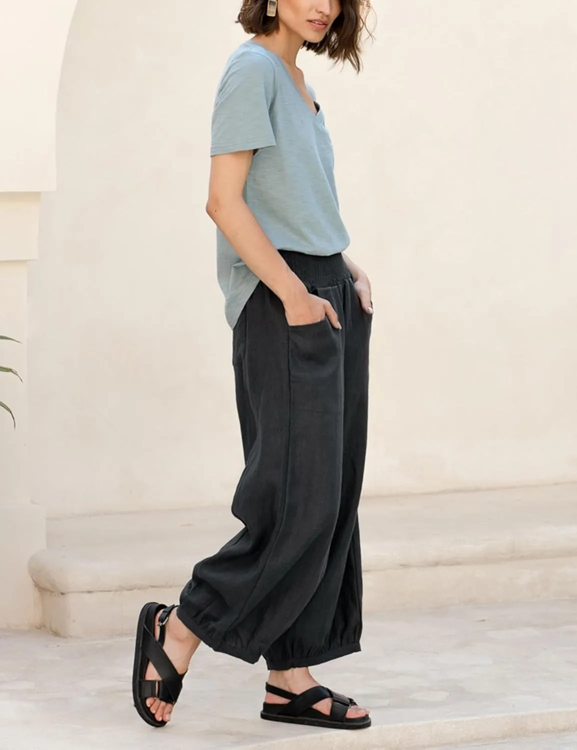 Lviefent Womens Linen Wide Leg Pants Baggy Elastic Waist Berral Pants Beach Palazzo Harem Pants with Pockets