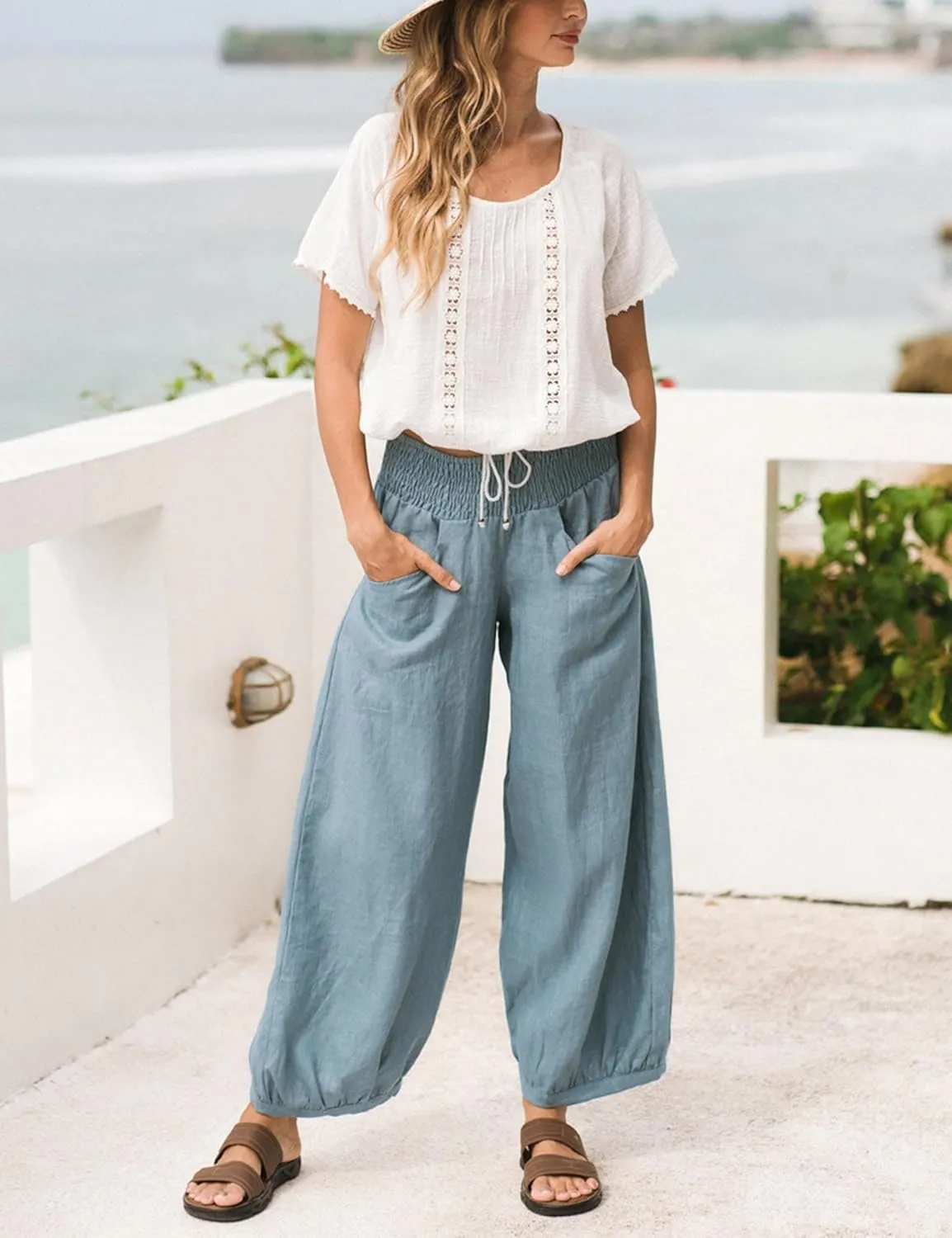 Lviefent Womens Linen Wide Leg Pants Baggy Elastic Waist Berral Pants Beach Palazzo Harem Pants with Pockets