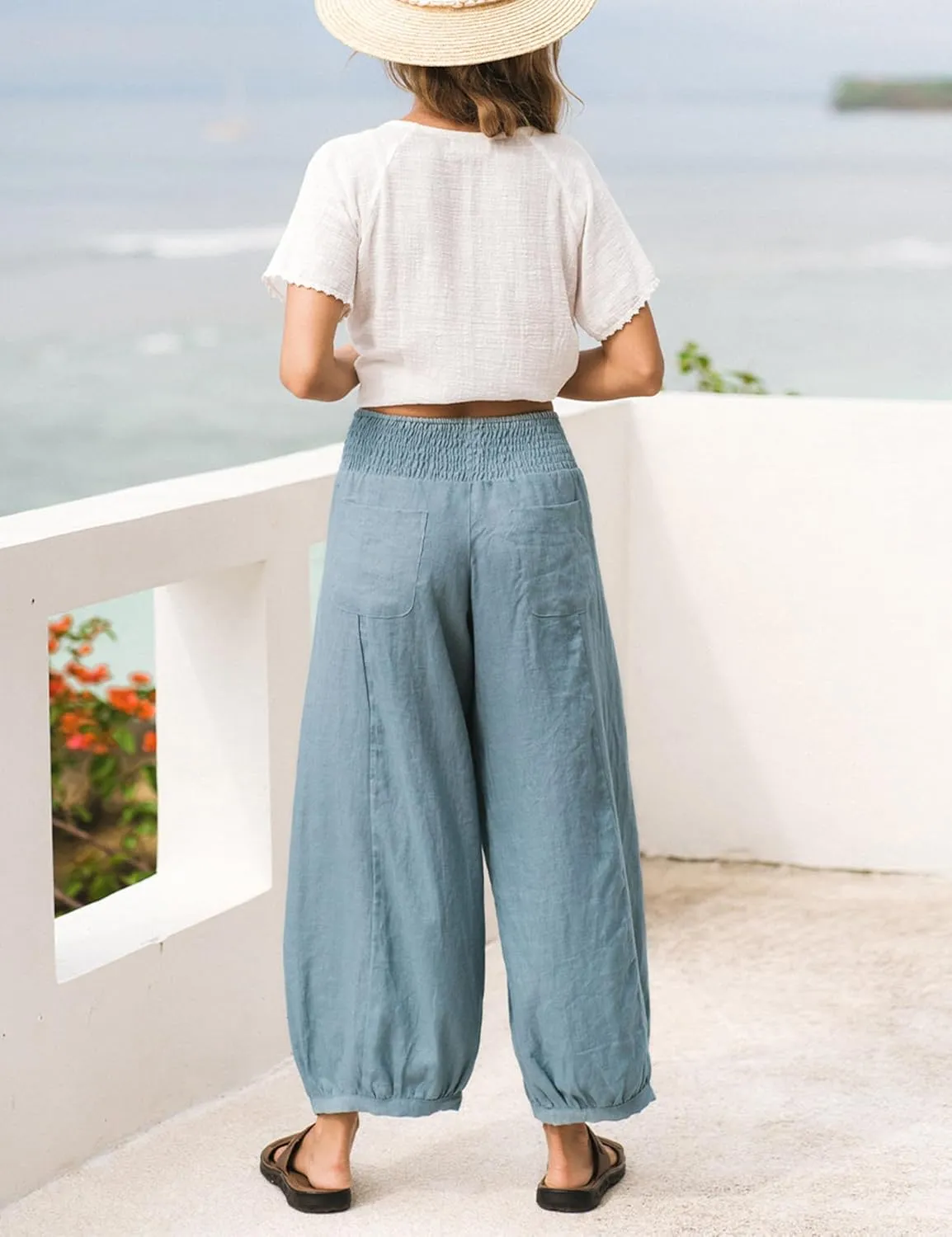 Lviefent Womens Linen Wide Leg Pants Baggy Elastic Waist Berral Pants Beach Palazzo Harem Pants with Pockets