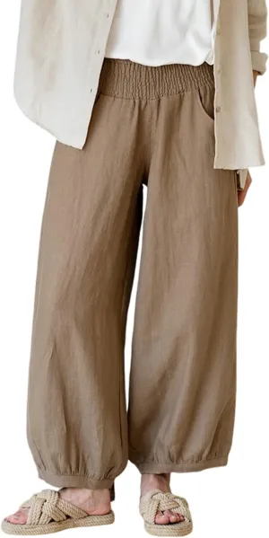 Lviefent Womens Linen Wide Leg Pants Baggy Elastic Waist Berral Pants Beach Palazzo Harem Pants with Pockets