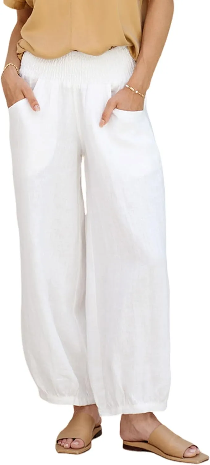 Lviefent Womens Linen Wide Leg Pants Baggy Elastic Waist Berral Pants Beach Palazzo Harem Pants with Pockets