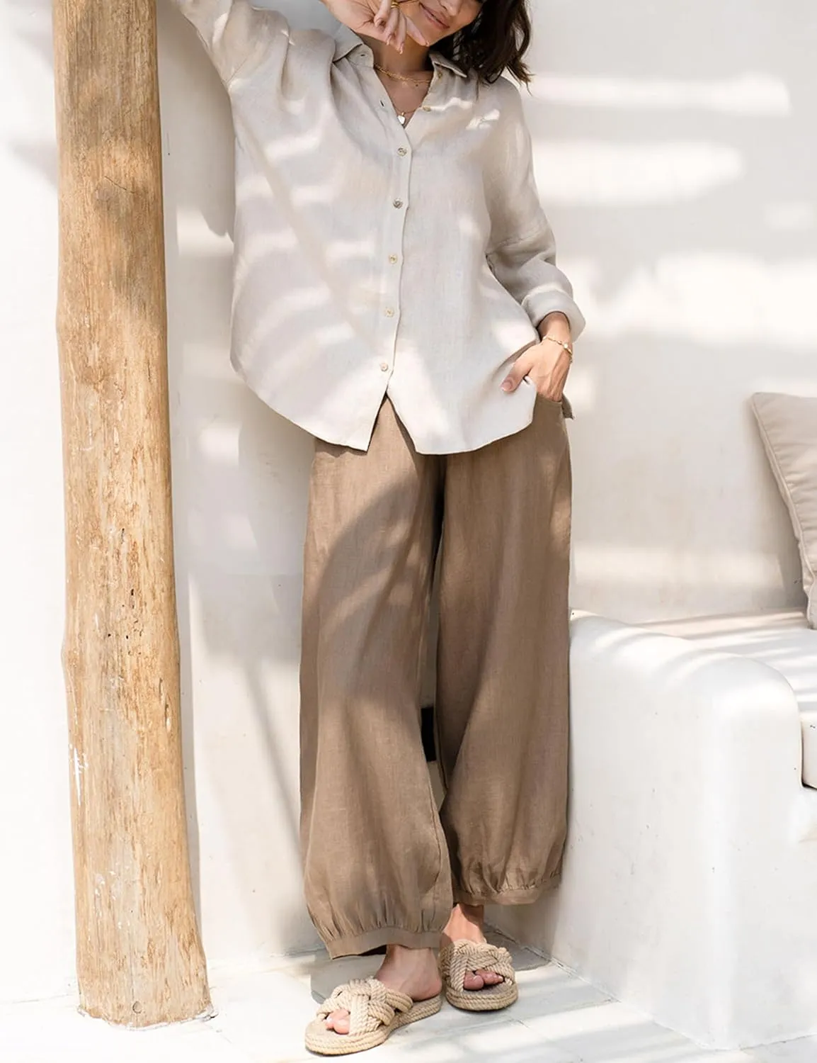 Lviefent Womens Linen Wide Leg Pants Baggy Elastic Waist Berral Pants Beach Palazzo Harem Pants with Pockets